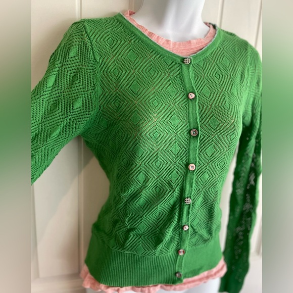 Matilda Jane Whimsy Green Crochet Striped Button Cardigan Sweater in EUC Sz S - Picture 2 of 7